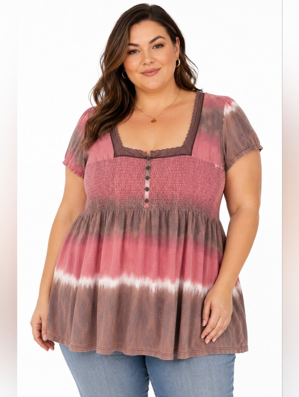 Deluxe Y2K Tie Dye Babydoll Top Plus Size 22/24W Smocked Pink Brown boho chic